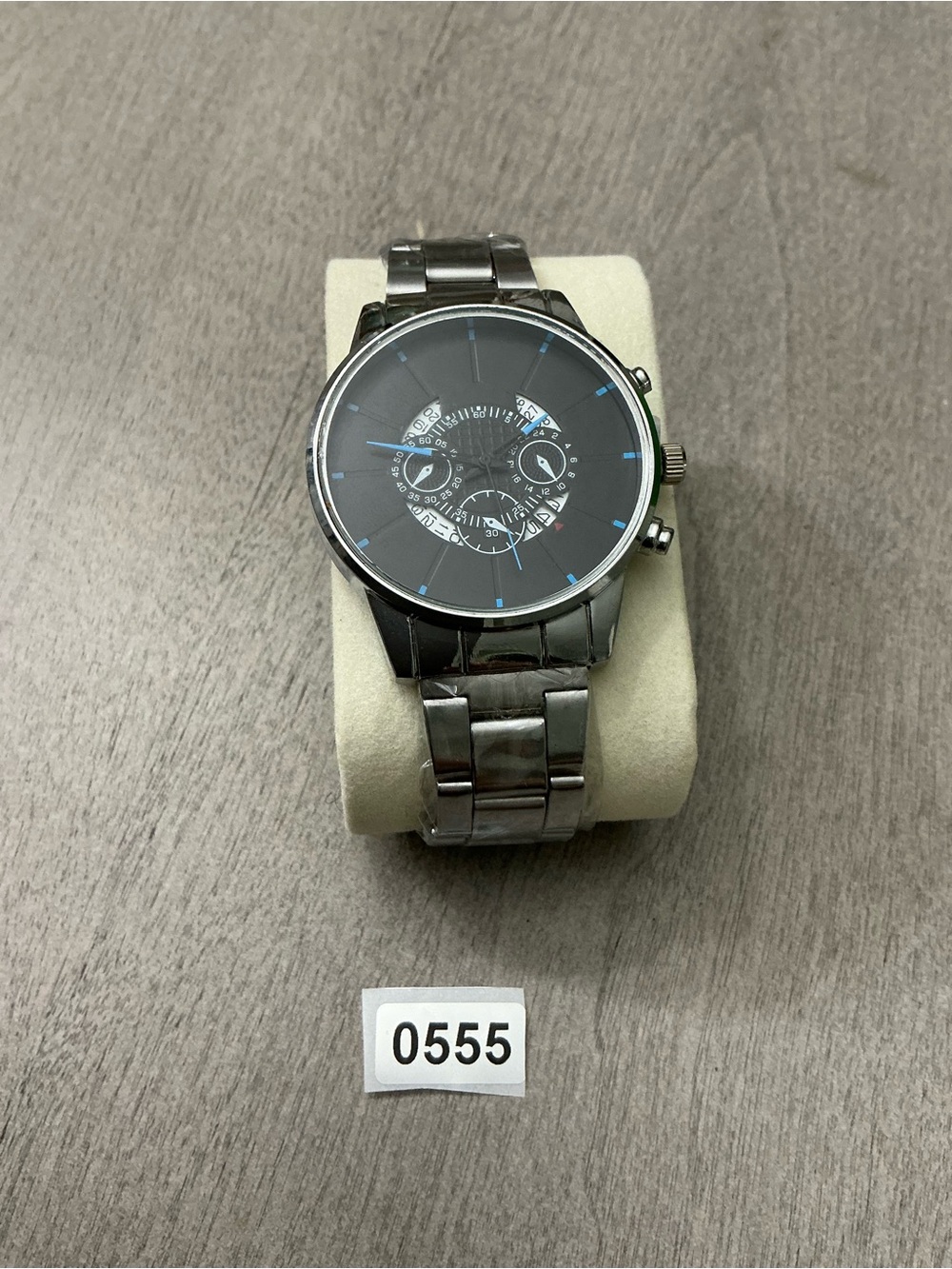 Stainless Steel Men's Analog Watch with Black Dial and Blue Accents